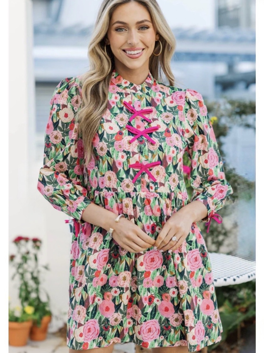 Shop The Mint Floral Bow Front Mini Dress Pink, Green, Yellow Small 3/4 Sleeves - Picture 3 of 13